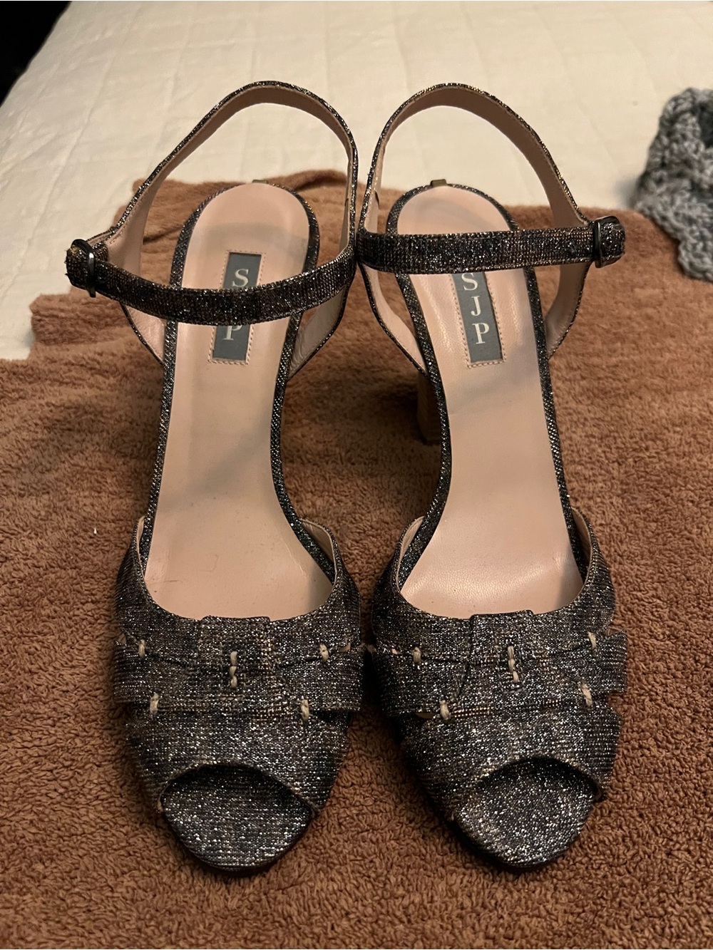 Metallic Black Open-Toe Slingback Heels